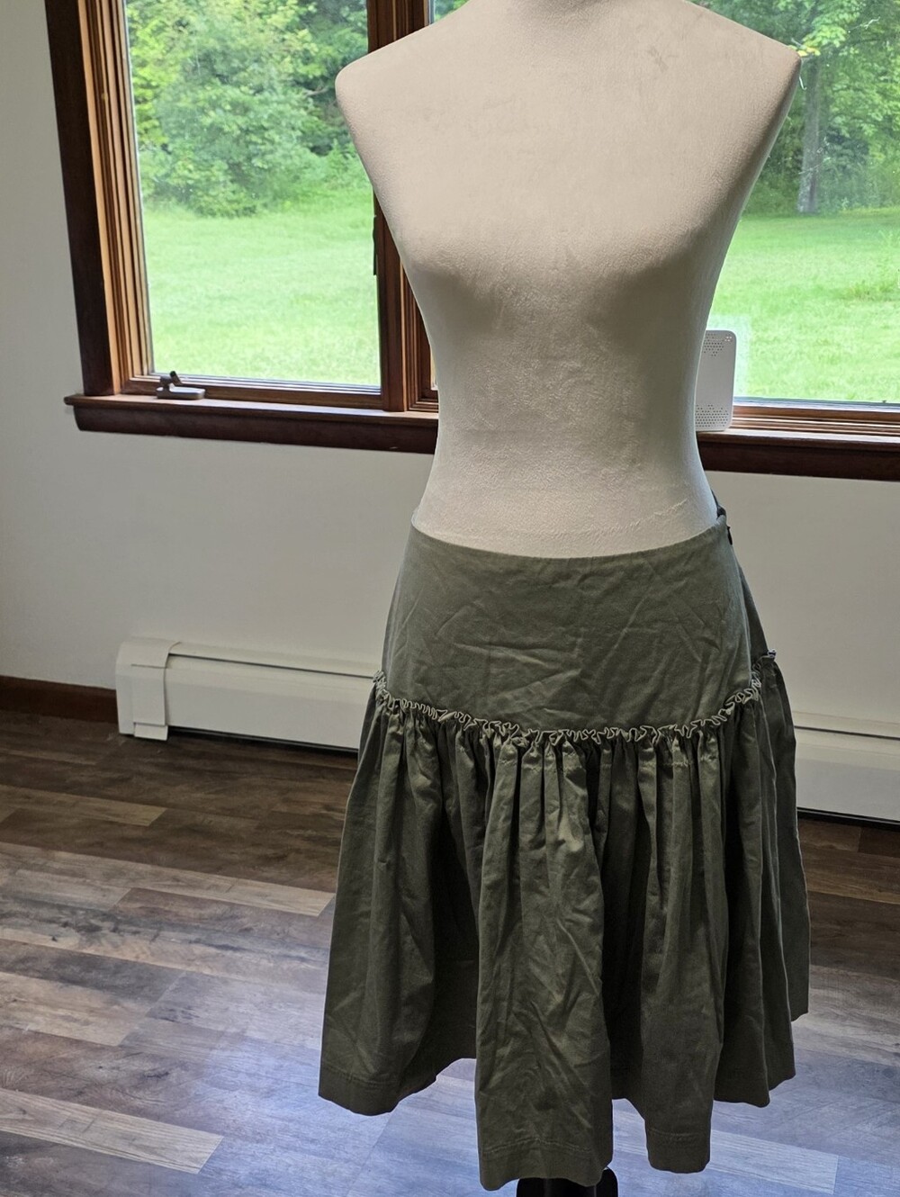 Elevenses, Anthropologie, Sage Green Ruffle Hem, Midi Skirt, Drop Waist, Cotton